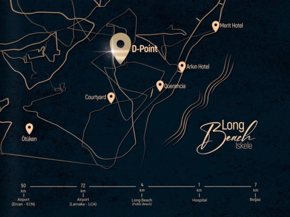 kıbrıs Long Beach, İskele yakınlarındaki koyu temalı resimli harita, D-Point ve Merit Hotel gibi yerleri vurgular. Mesafeler gösterilmektedir - Kuzey Kıbrıs'ta Aysan Giti emlak ile İskele Long Beach satılık daire arayanlar için ideal. aysan_giti