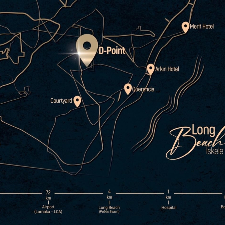 kıbrıs Long Beach, İskele yakınlarındaki koyu temalı resimli harita, D-Point ve Merit Hotel gibi yerleri vurgular. Mesafeler gösterilmektedir - Kuzey Kıbrıs'ta Aysan Giti emlak ile İskele Long Beach satılık daire arayanlar için ideal. aysan_giti