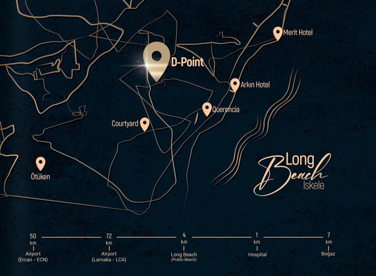 kıbrıs Long Beach, İskele yakınlarındaki koyu temalı resimli harita, D-Point ve Merit Hotel gibi yerleri vurgular. Mesafeler gösterilmektedir - Kuzey Kıbrıs'ta Aysan Giti emlak ile İskele Long Beach satılık daire arayanlar için ideal. aysan_giti