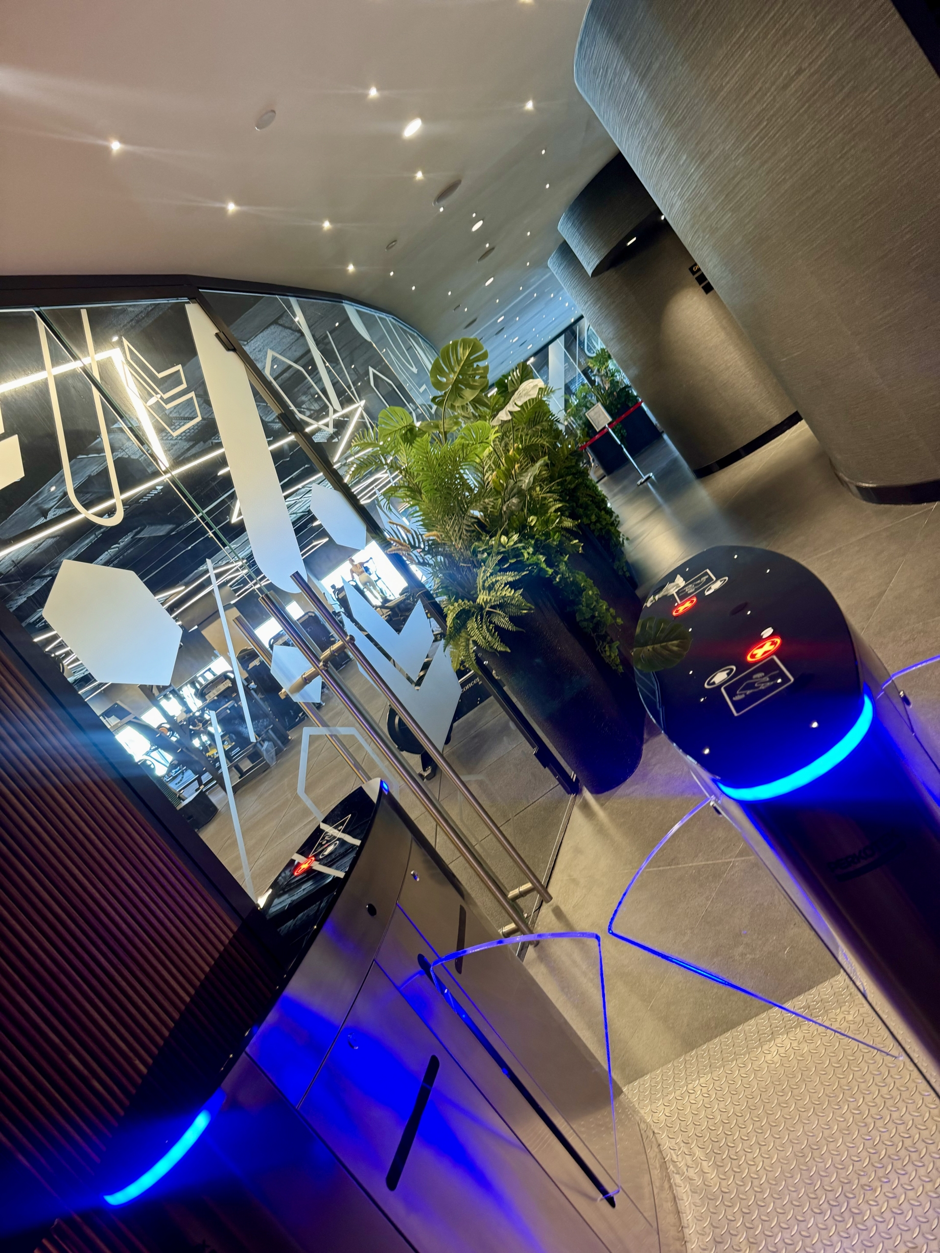 kıbrıs Cam kapıları, siyah saksıda uzun bir bitkisi ve parlayan mavi ışıklı elektronik turnikesi olan modern bir ofis girişi; Kuzey Kıbrıs satılık daire veya İskele Long Beach satılık daire fırsatları arayan profesyoneller için ideal. aysan_giti