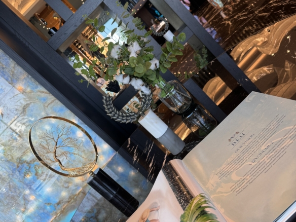 kıbrıs Parlak siyah zemini, zarif dekoru ve çiçekli vazosu olan kitaplığıyla şık bir salon; Kuzey Kıbrıs kiralık daire arayanlar için ideal. Masanın üzerinde açık bir sanat kitabı duruyor ve arka planda insanlar görünüyor. aysan_giti