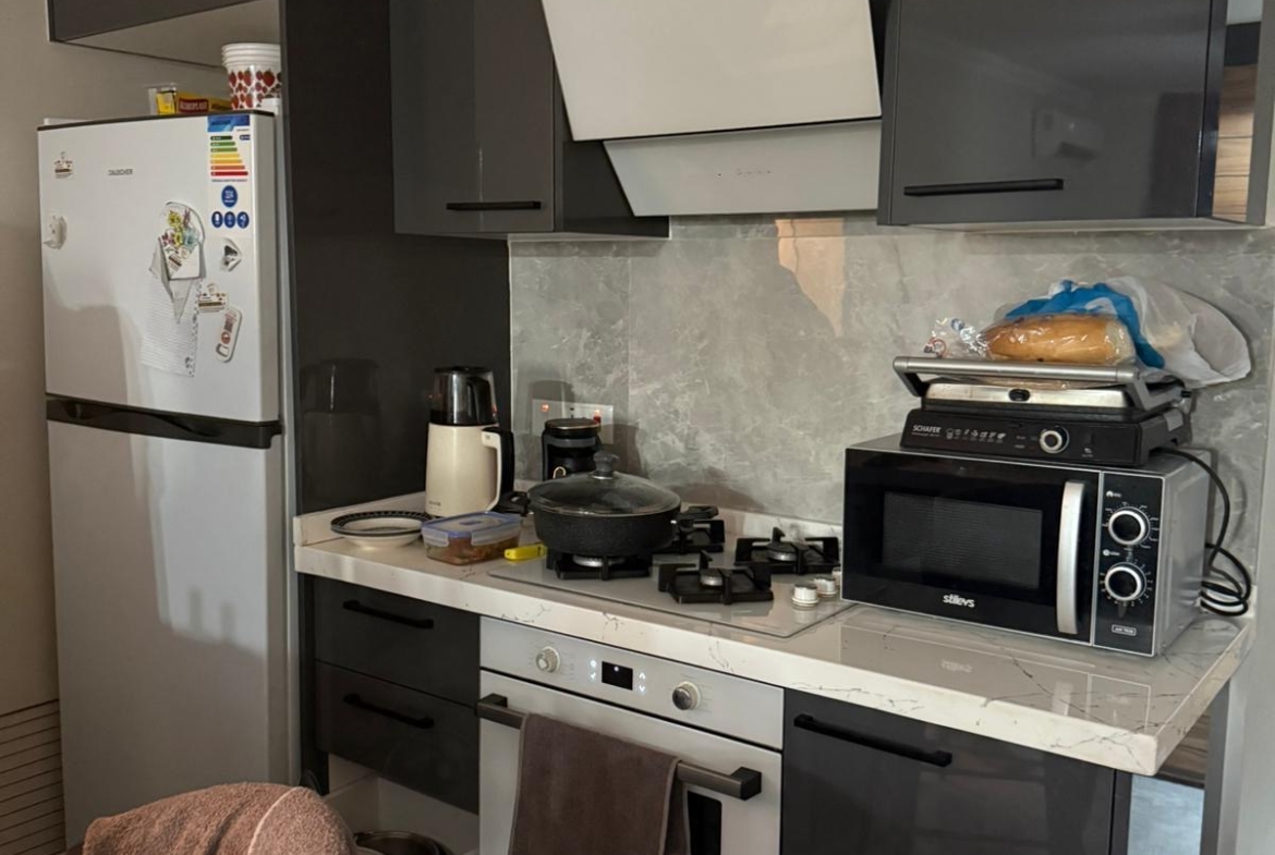 kıbrıs Koyu renk dolapları, beyaz tezgahı ve paslanmaz çelik aletleri olan modern bir mutfak. Tezgâhın üzerinde mıknatıslı bir buzdolabı, fırın, mikrodalga fırın, ekmek kızartma makinesi, su ısıtıcısı ve yiyecek malzemeleri var. Fırından bir havlu sarkıyor. aysan_giti