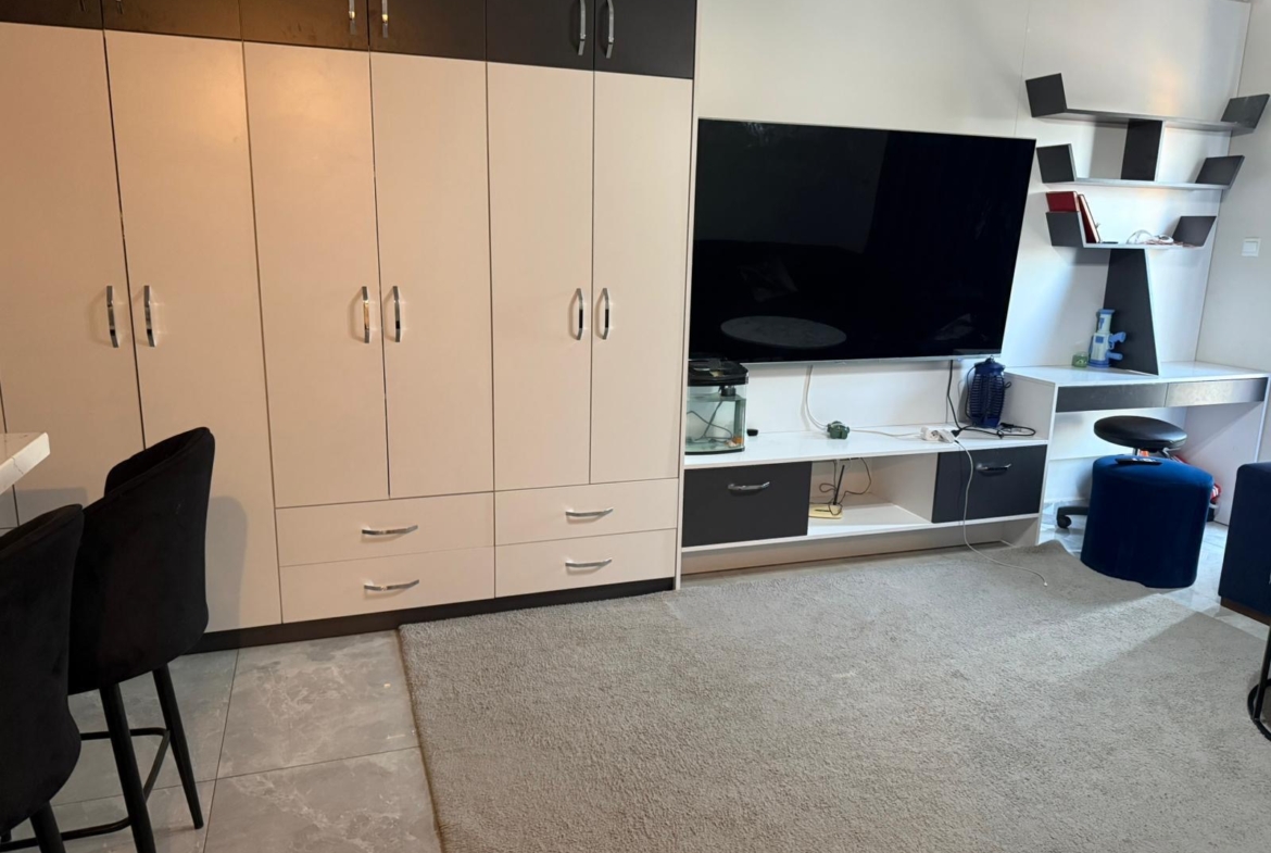 kıbrıs Büyük gömme dolaplar, raflı beyaz bir eğlence ünitesi üzerinde duvara monte edilmiş bir TV, küçük bir akvaryum, iki siyah bar taburesi ve karo zemin üzerine gri bir halı içeren modern bir oturma odası. aysan_giti